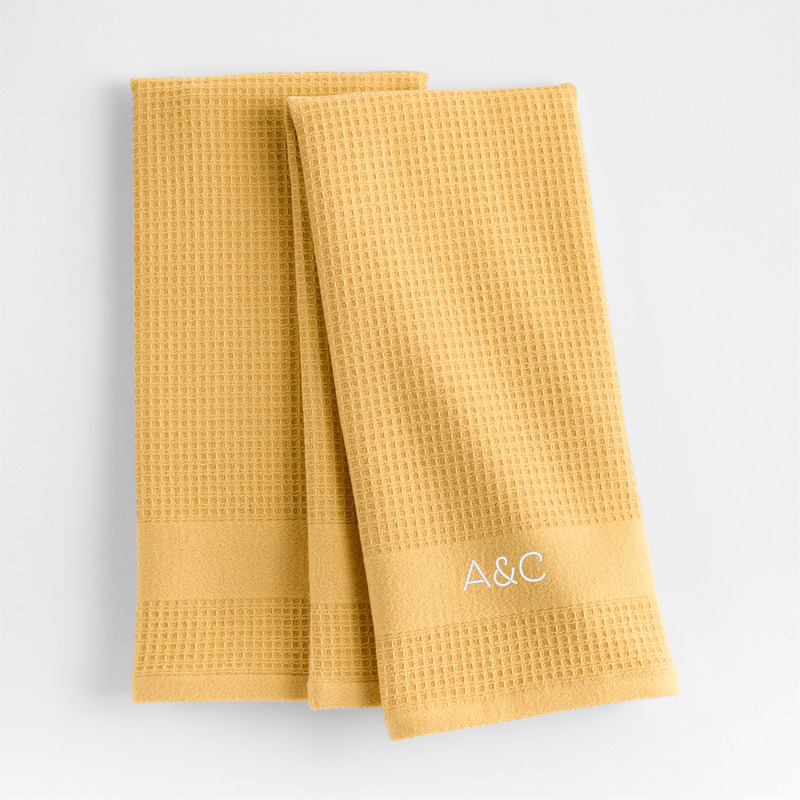 View Personalized Waffle Terry Saffron Yellow Organic Cotton Dish Towels, Set of 2 details
