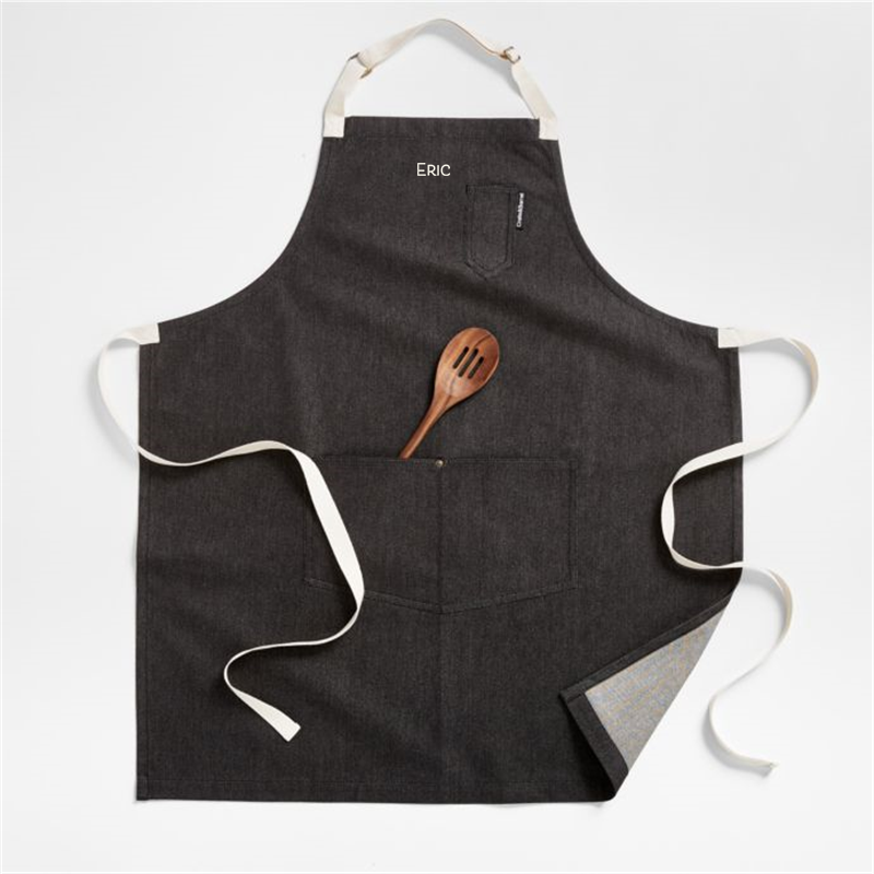 View Personalized Black Organic Cotton Kitchen Apron with Pockets details