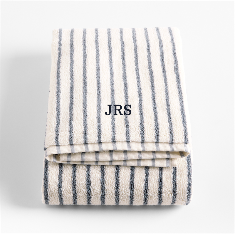 View Personalized Classic Organic Turkish Cotton Pampas Ivory and Evening Blue Stripe Bath Towel details