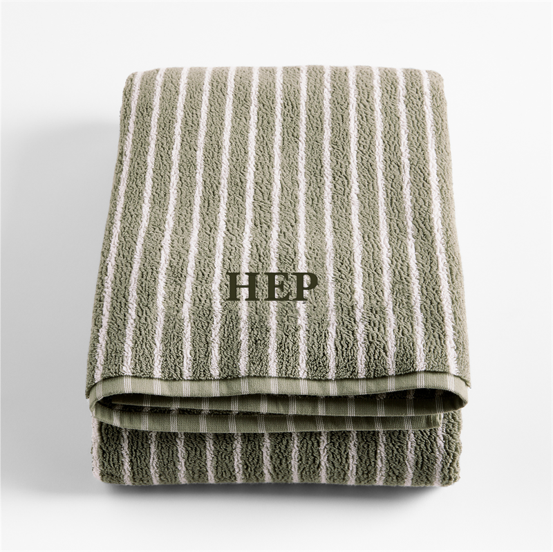 View Personalized Classic Organic Turkish Cotton Shadow Sage and Pampas Ivory Stripe Bath Sheet details