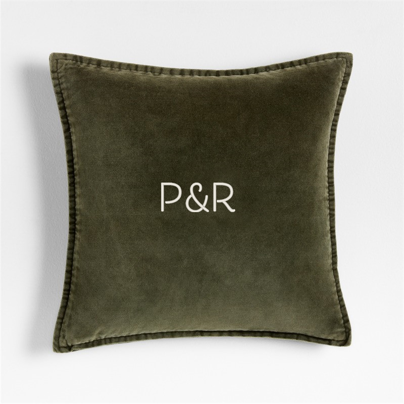 View Personalized Relaxed Washed Organic Cotton Velvet 20x20 Burnt Green Throw Pillow with Down-Alternative Insert details
