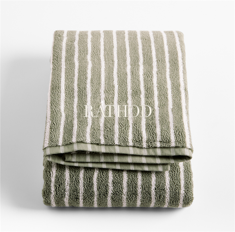 View Personalized Organic Turkish Cotton Shadow Sage and Pampas Ivory Stripe Bath Towel details