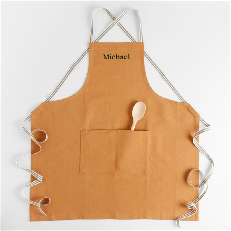 View Personalized Oslo Cross-Back Brown Linen-Organic Cotton Apron with Pocket details