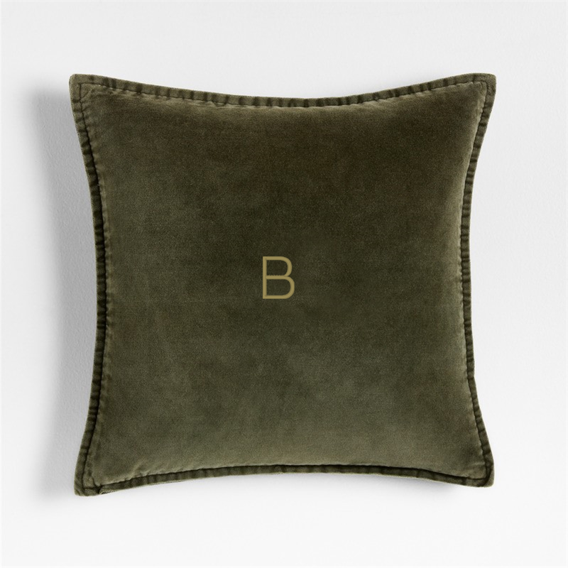 View Personalized Relaxed Washed Organic Cotton Velvet 20x20 Burnt Green Throw Pillow Cover details