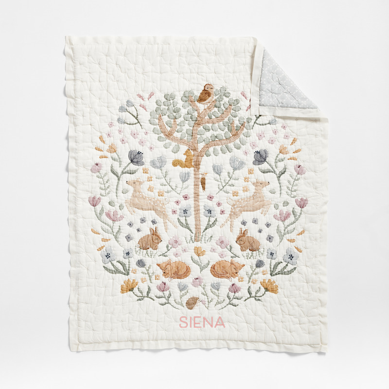 View Personalized Wonderland Prairie Embroidered 100% Organic Cotton Voile Baby Crib Quilt details