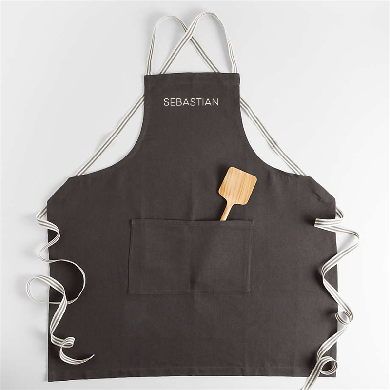 View Personalized Oslo Cross-Back Grey Linen-Organic Cotton Apron with Pocket details