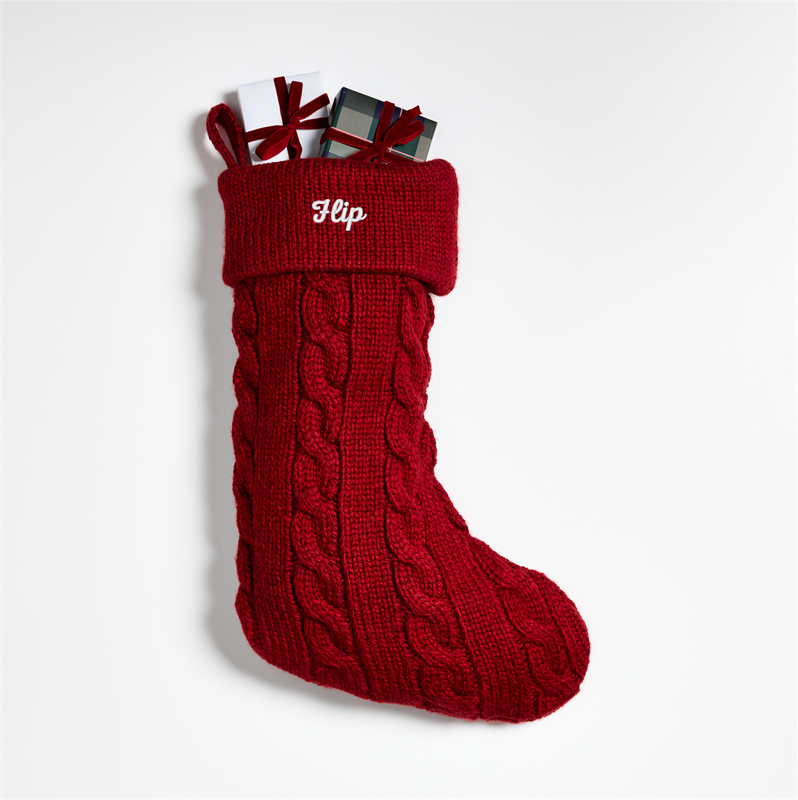 View Personalized Red Cable Knit Christmas Stocking details
