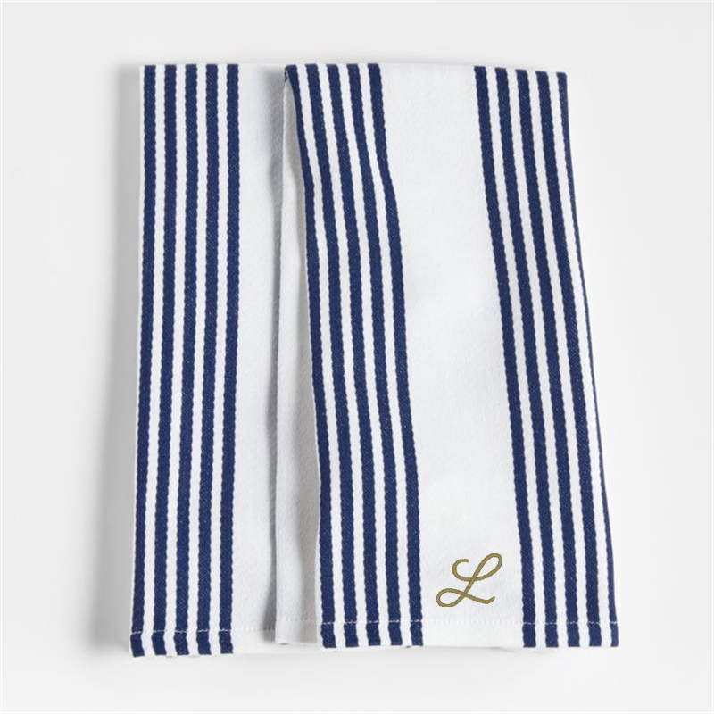 View Personalized Cuisine Stripe Indigo Organic Cotton Kitchen Towels, Set of 2 details