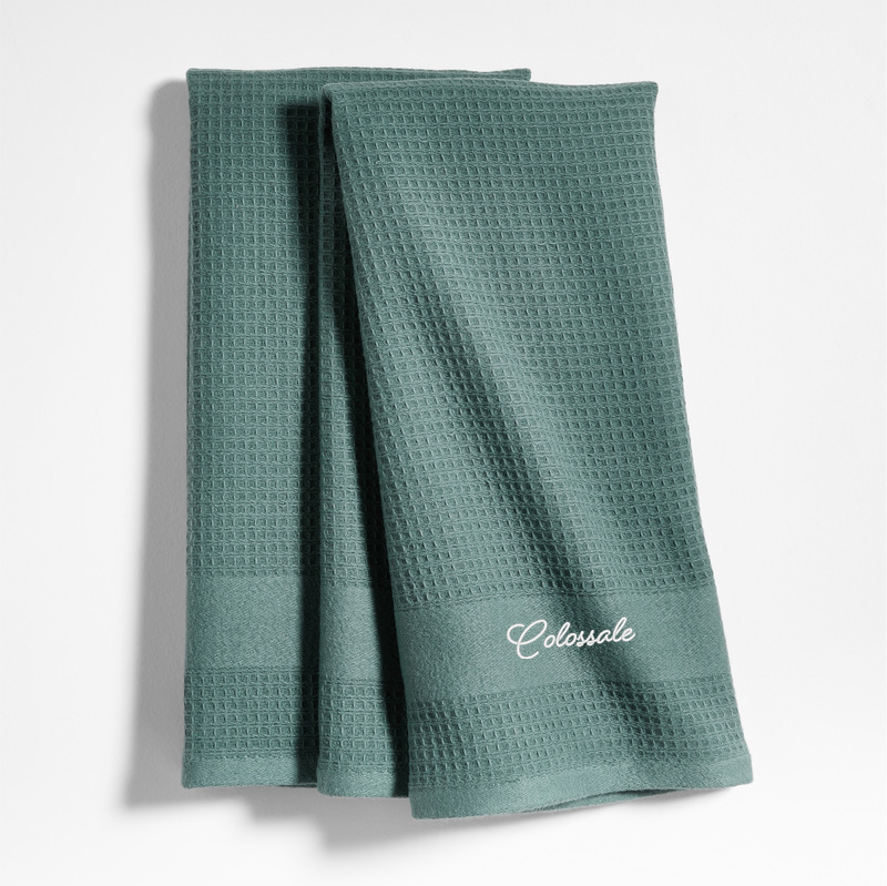 View Personalized Waffle-Terry Pendula Green Organic Cotton Kitchen Towels, Set of 2 details
