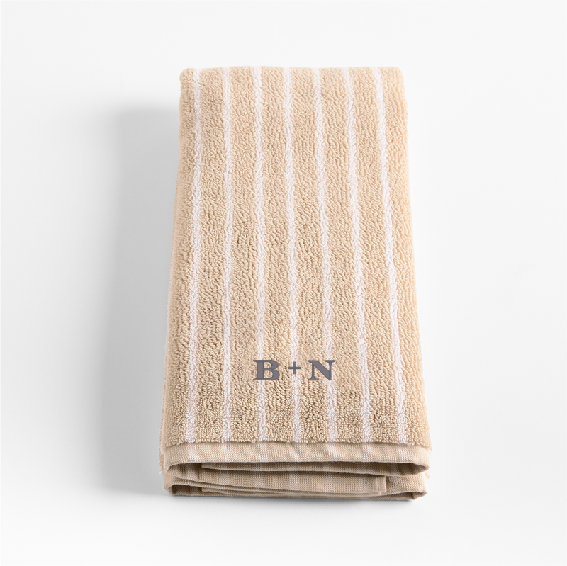 View Personalized Organic Turkish Cotton Sand Beige and Crisp White Stripe Hand Towel details