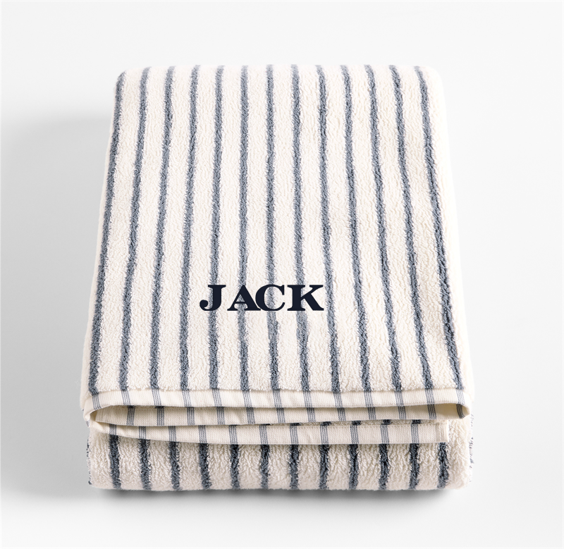 View Personalized Organic Classic Turkish Cotton Pampas Ivory and Evening Blue Stripe Bath Sheet details