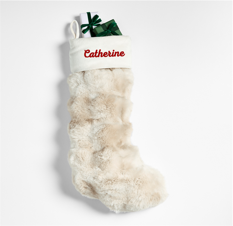 View Personalized Arctic Ivory Textured Faux Fur Christmas Stocking details