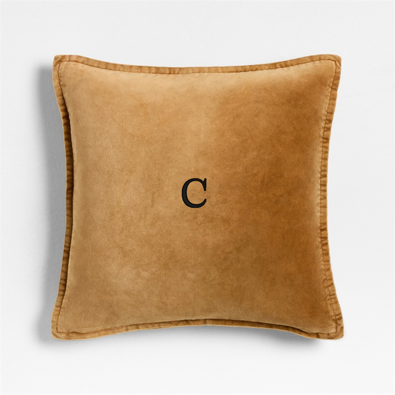 View Personalized Relaxed Washed Organic Cotton Velvet 20"x20" Cognac Throw Pillow with Feather Insert details