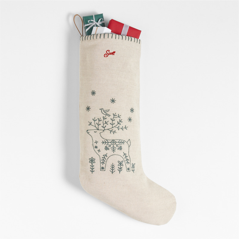 View Personalized Scandi Heritage Reindeer Linen Kids Christmas Stocking details