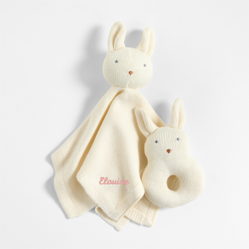 View Personalized Bunny Knit Lovey and Rattle Gift Set details
