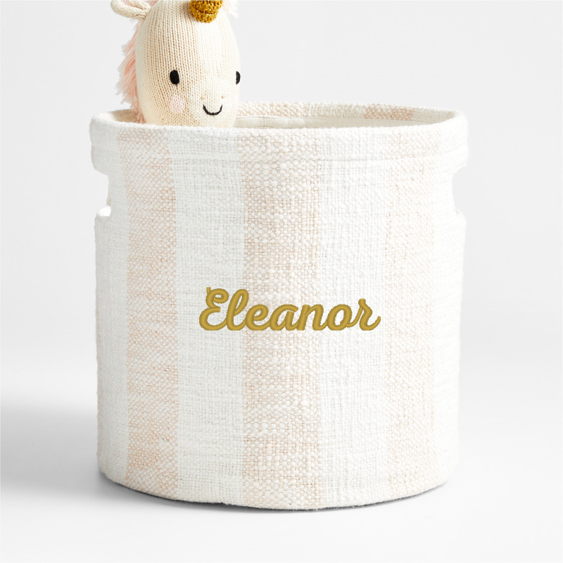 View Personalized Cove Elegant Pink Organic Cotton Striped Shelf Storage Bin details
