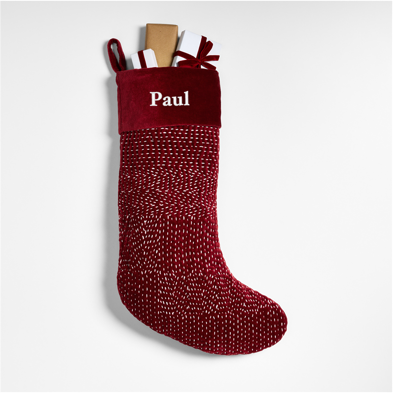 View Personalized Sashiko Red Velvet Christmas Stocking details