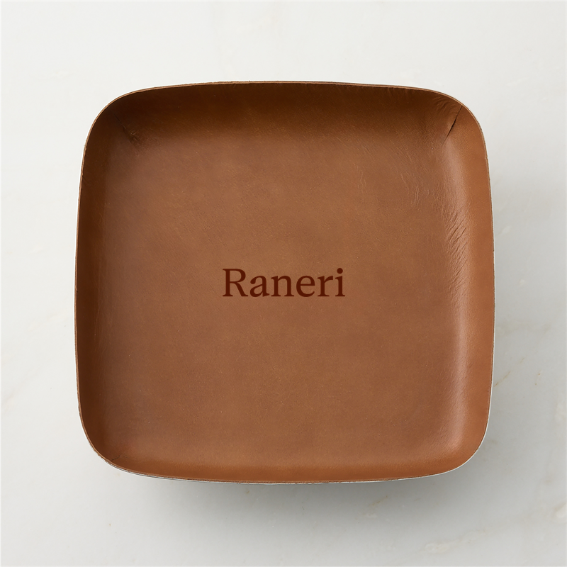 Personalized Mitri Stainless Steel and Brown Leather Decorative Tray