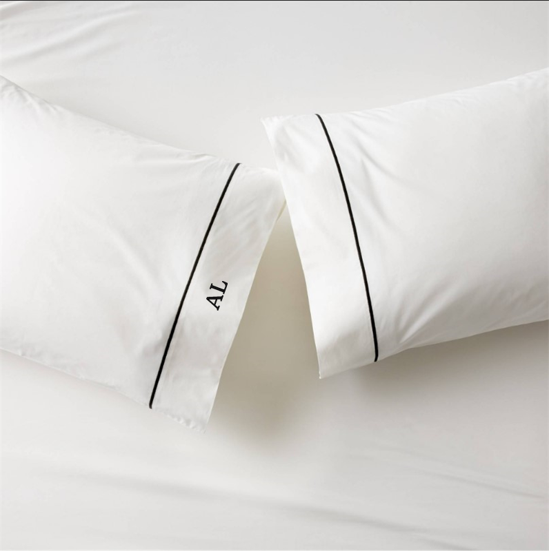 View Personalized Marisal Organic Cotton 400 Thread Count Percale White and Black King Pillowcases Set of 2 details