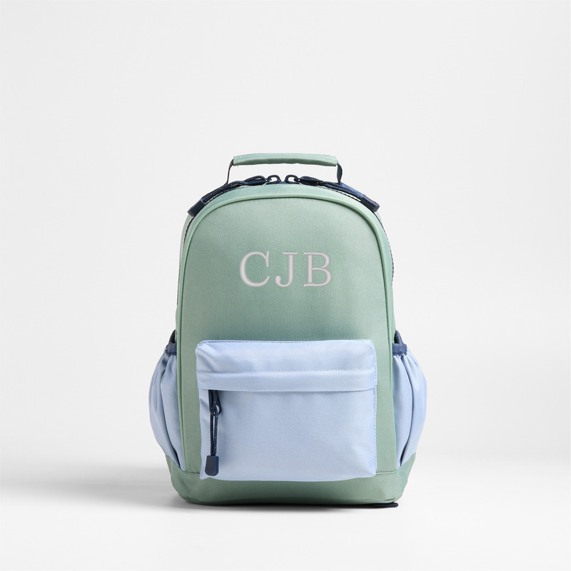 View Personalized Green and Blue Colorblock Small Kids Backpack with Side Pockets details
