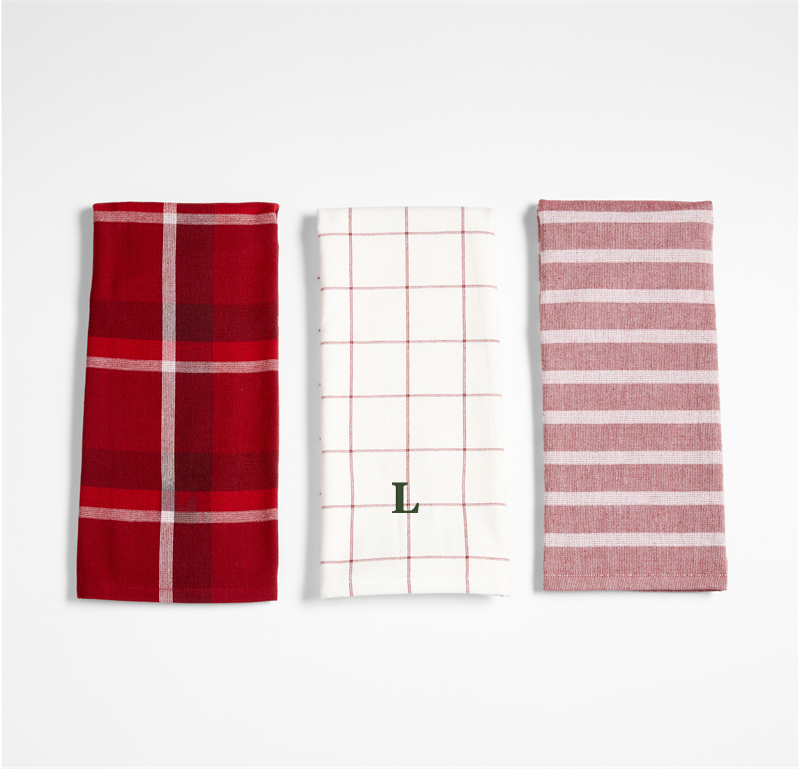 View Personalized Holiday Red Plaid and Stripe Organic Cotton Kitchen Towels, Set of 3 details