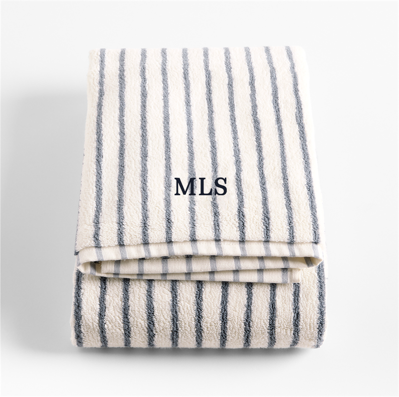 View Personalized Classic Organic Turkish Cotton Pampas Ivory and Evening Blue Stripe Bath Towel details