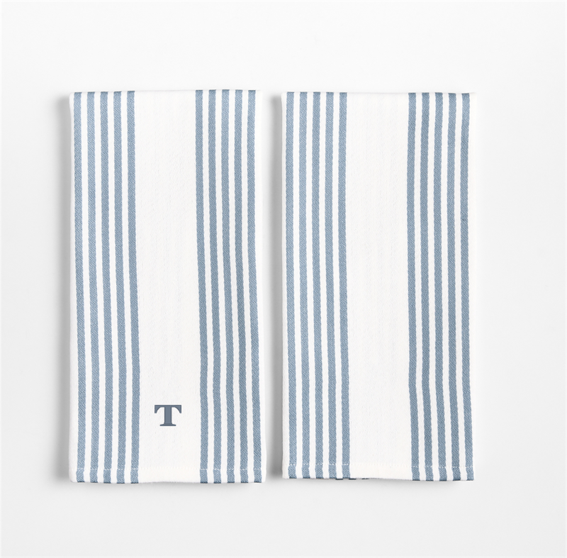 View Personalized Cuisine White with Harbor Blue Stripe Organic Cotton Kitchen Dish Towel, Set of 2 details