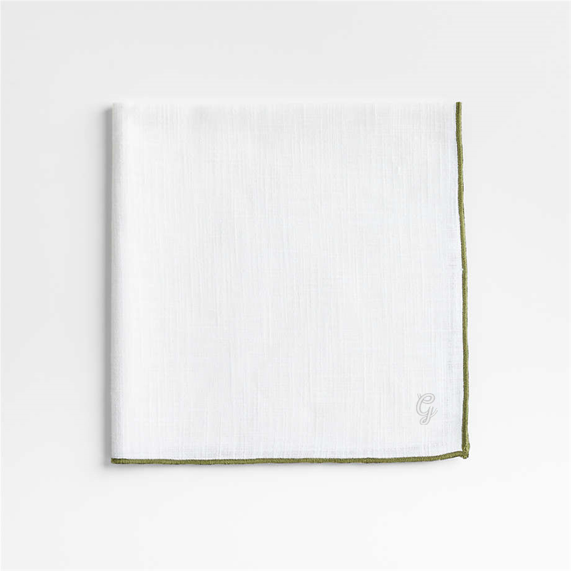 View Personalized Merrow Stitch Olive Green Organic Cotton Napkins, Set of 8 details