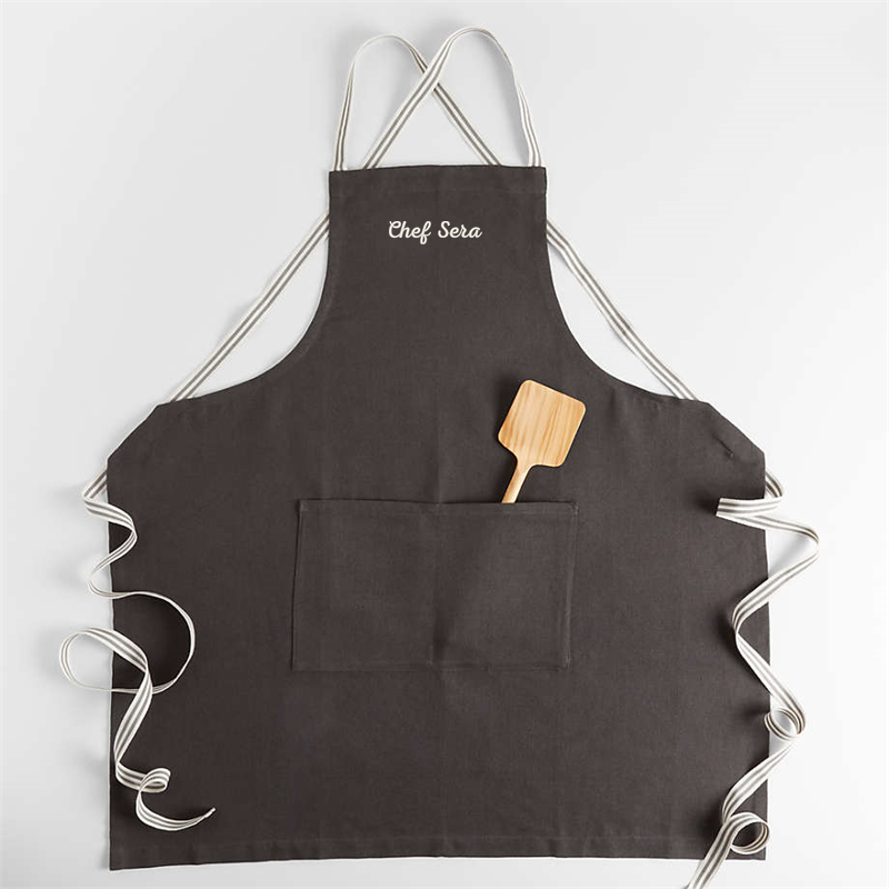 View Personalized Oslo Cross-Back Grey Linen-Organic Cotton Apron with Pocket details