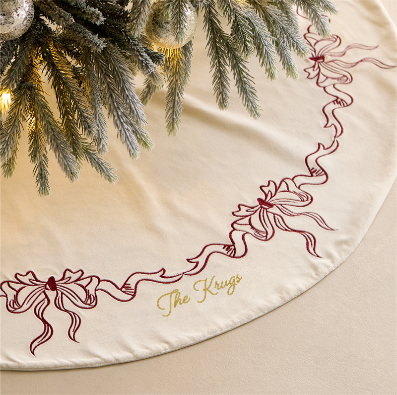 View Personalized Heidi Red Bow Velvet Christmas Tree Skirt 48" details