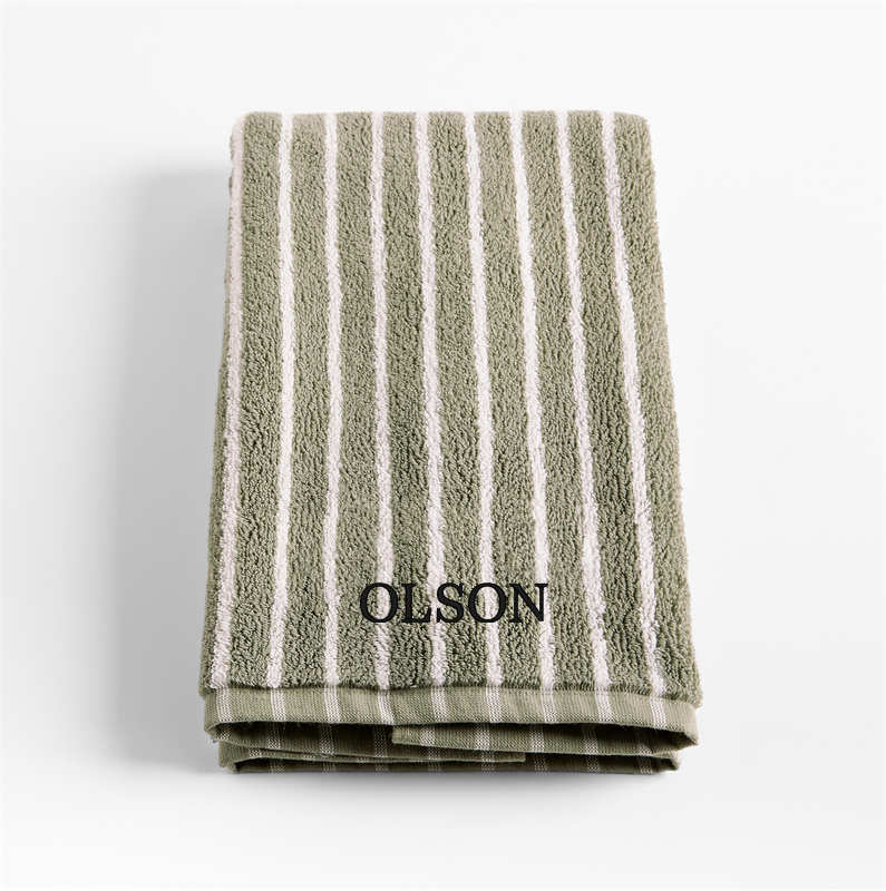 View Personalized Organic Classic Turkish Cotton Shadow Sage and Pampas Ivory Stripe Hand Towel details