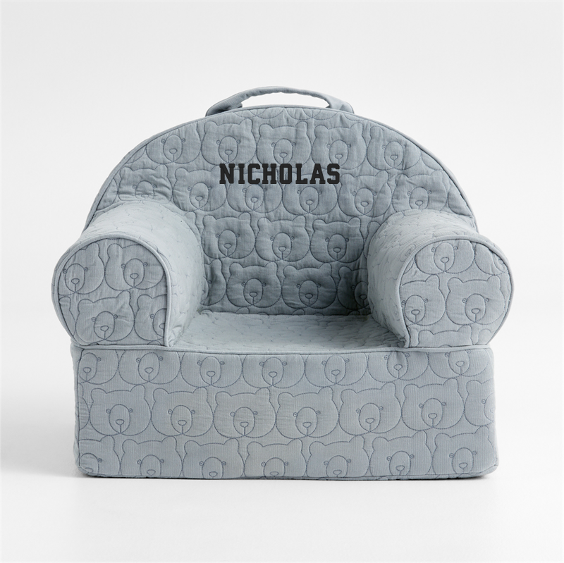 View Personalized Small Mist Blue Organic Cotton Quilted Bear Kids Lounge Nod Chair details