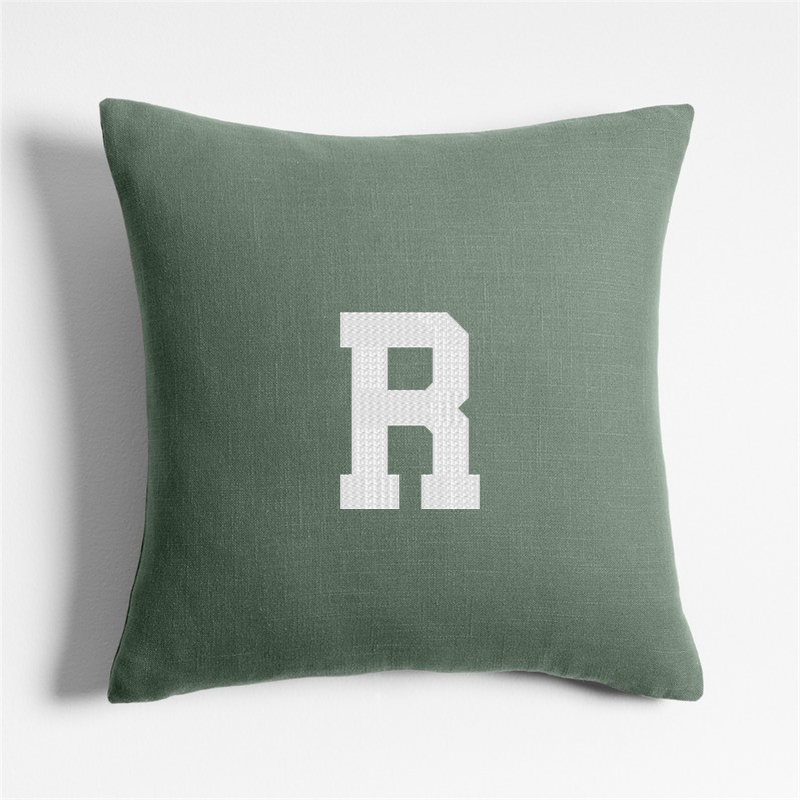 View Personalized Organic Cotton Monogrammable 20"x20" Vintage Green Throw Pillow with Down-Alternative Insert details