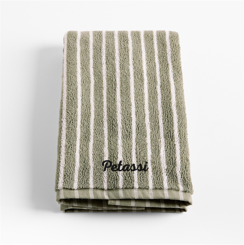 View Personalized Organic Classic Turkish Cotton Shadow Sage and Pampas Ivory Stripe Hand Towel details