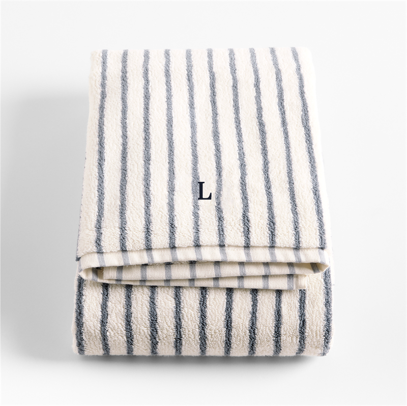 View Personalized Organic Turkish Cotton Pampas Ivory and Evening Blue Stripe Bath Towel details