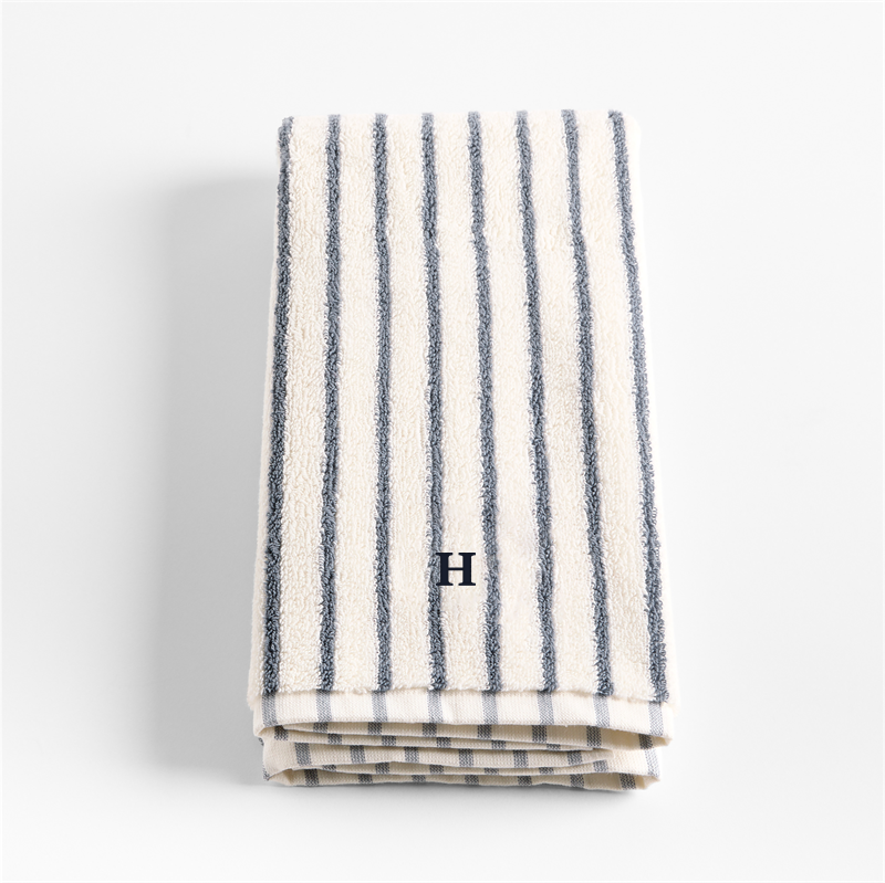 View Personalized Classic Organic Turkish Cotton Pampas Ivory and Evening Blue Stripe Hand Towel details