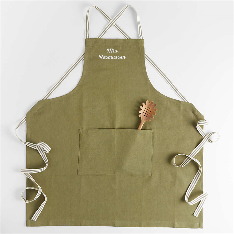 View Personalized Oslo Cross-Back Green Linen-Organic Cotton Apron with Pocket details