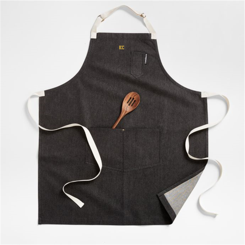 View Personalized Black Organic Cotton Kitchen Apron with Pockets details