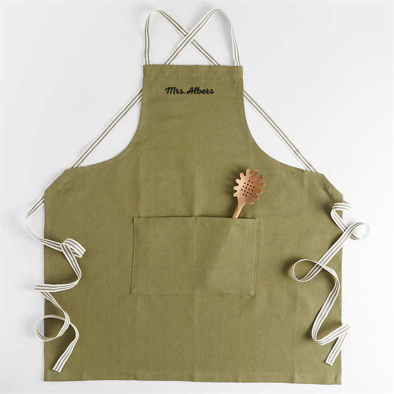 View Personalized Oslo Cross-Back Green Linen-Organic Cotton Apron with Pocket details