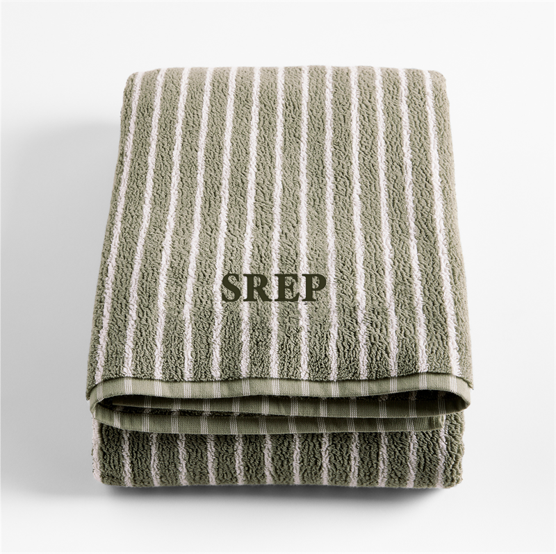 View Personalized Classic Organic Turkish Cotton Shadow Sage and Pampas Ivory Stripe Bath Sheet details