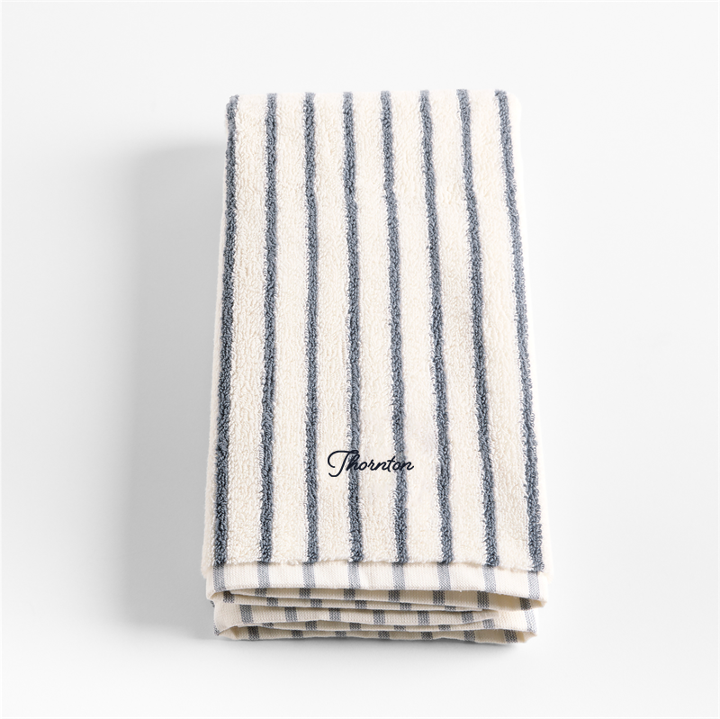 View Personalized Organic Turkish Cotton Pampas Ivory and Evening Blue Stripe Hand Towel details