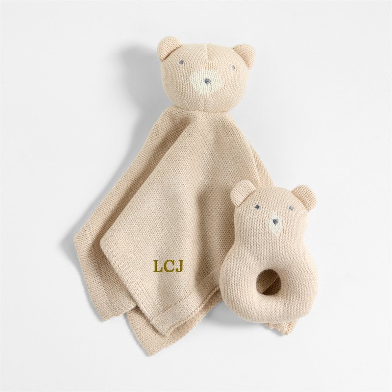 View Personalized Bear Knit Lovey and Rattle Gift Set details