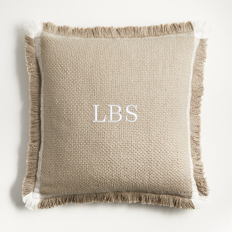 View Personalized Weekend Sand Beige Organic Cotton Stripe 23"x23" Throw Pillow with Feather Insert details