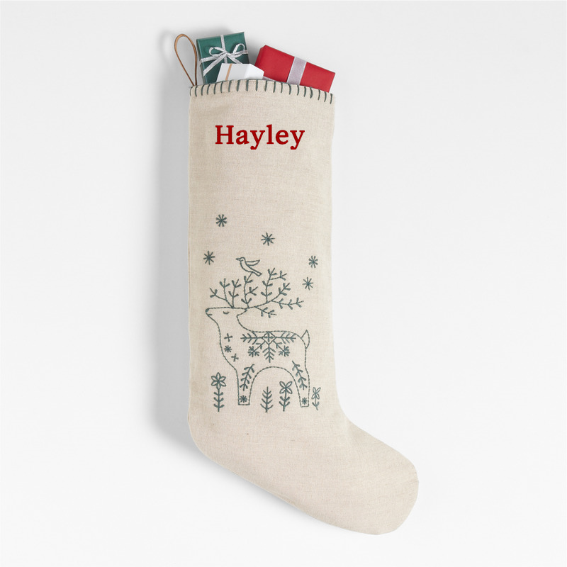 View Personalized Scandi Heritage Reindeer Linen Kids Christmas Stocking details