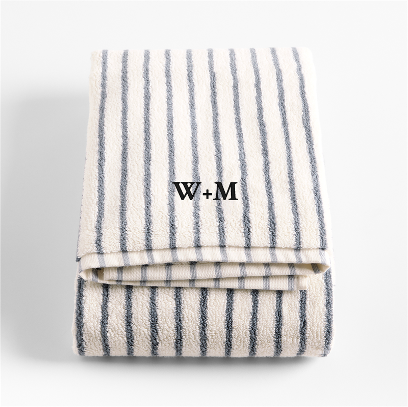 View Personalized Organic Classic Turkish Cotton Pampas Ivory and Evening Blue Stripe Bath Towel details