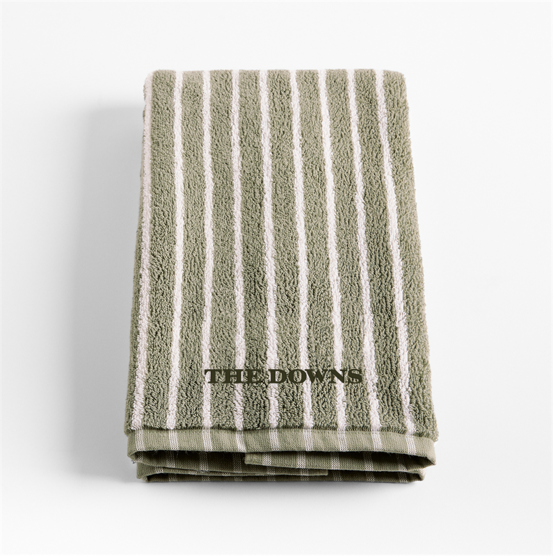 View Personalized Classic Organic Turkish Cotton Shadow Sage and Pampas Ivory Stripe Hand Towel details