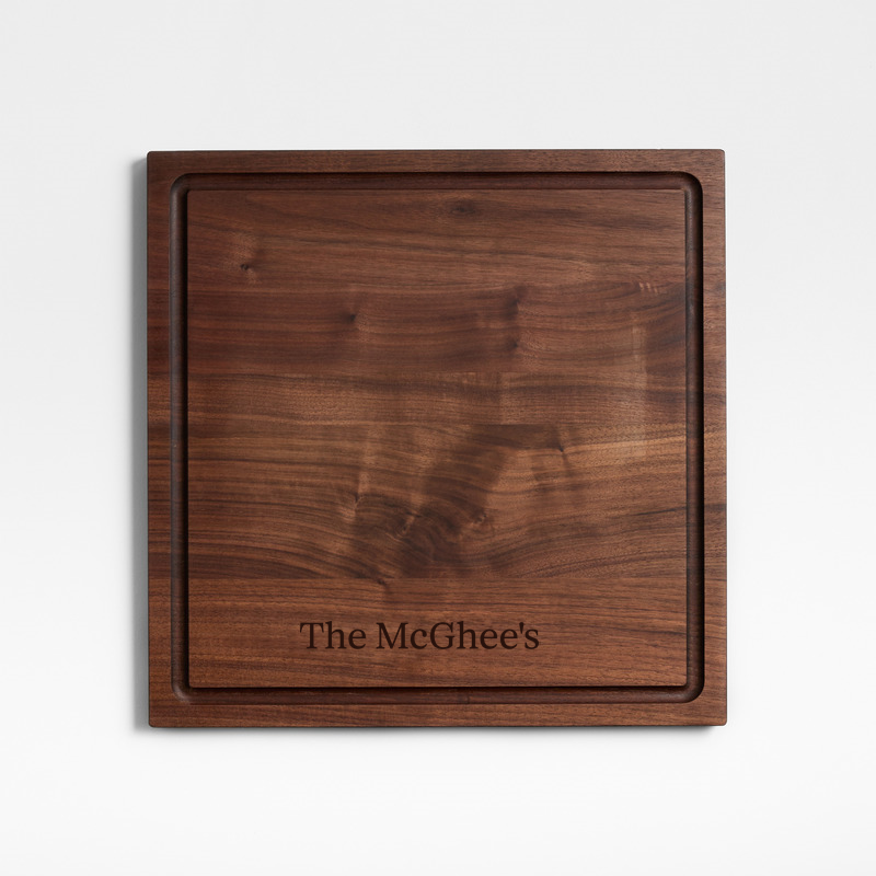 View Personalized Crate & Barrel Reversible Walnut Wood Cutting Board 16"x16"x0.75" details