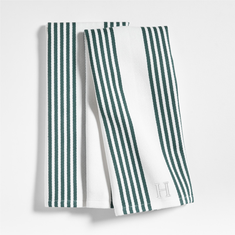 View Personalized Cuisine White with Green Stripe Organic Cotton Dish Towels, Set of 2 details