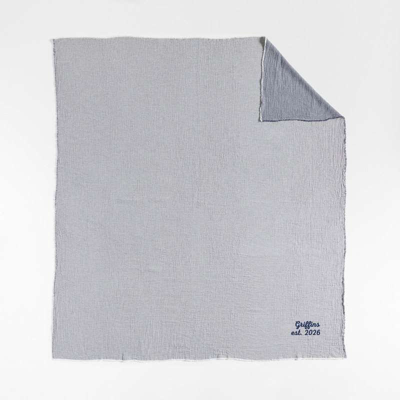 View Personalized Reversible Stripe Gauze 80"x80" Deep Indigo Blue and Arctic Ivory Bed Blanket details