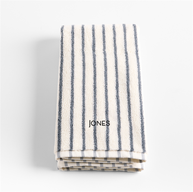 View Personalized Organic Turkish Cotton Pampas Ivory and Evening Blue Stripe Hand Towel details